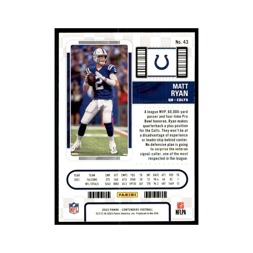 Matt Ryan 2022 Panini Contenders #43 Indianapolis Colts Football Card NM