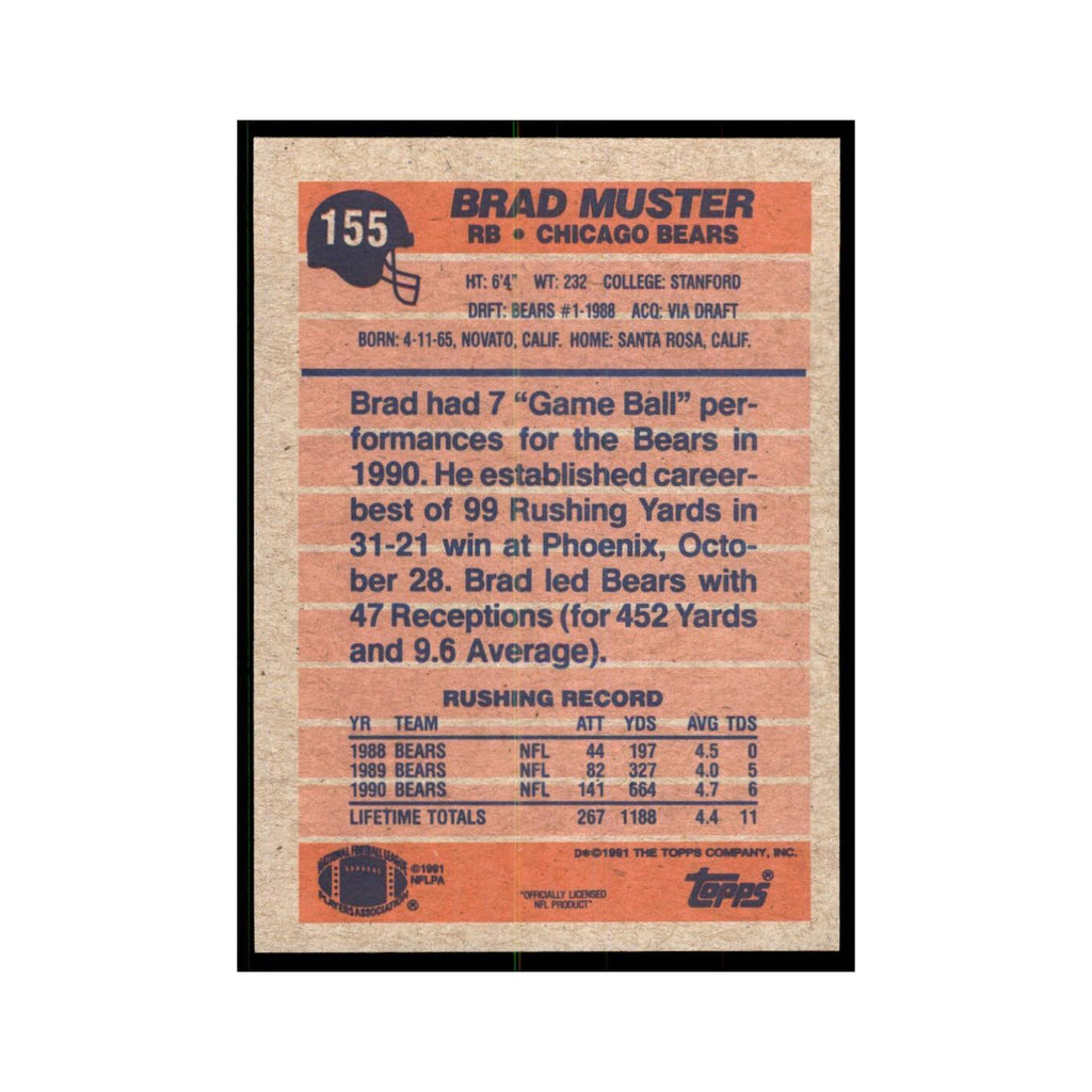Brad Muster 1991 Topps #155 Chicago Bears Football Card NM