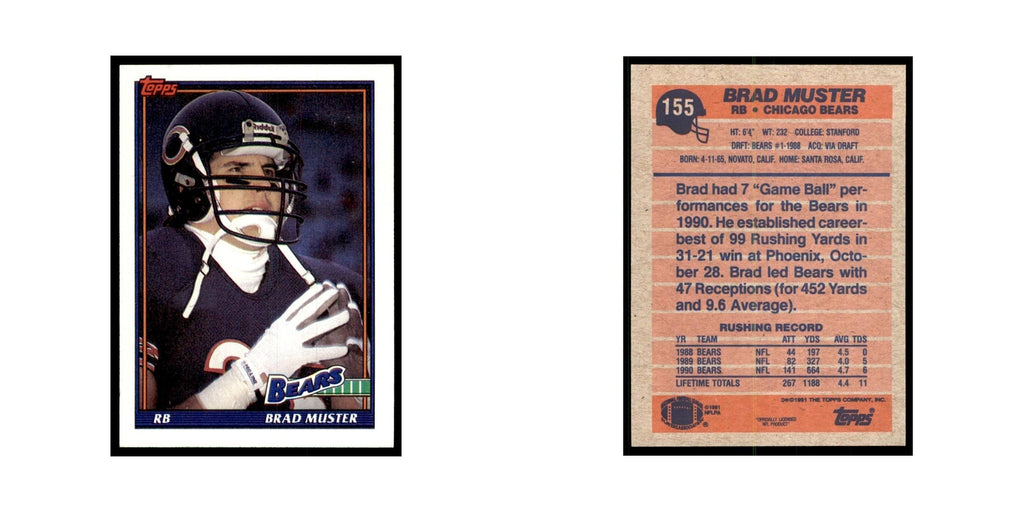 Brad Muster 1991 Topps #155 Chicago Bears Football Card NM