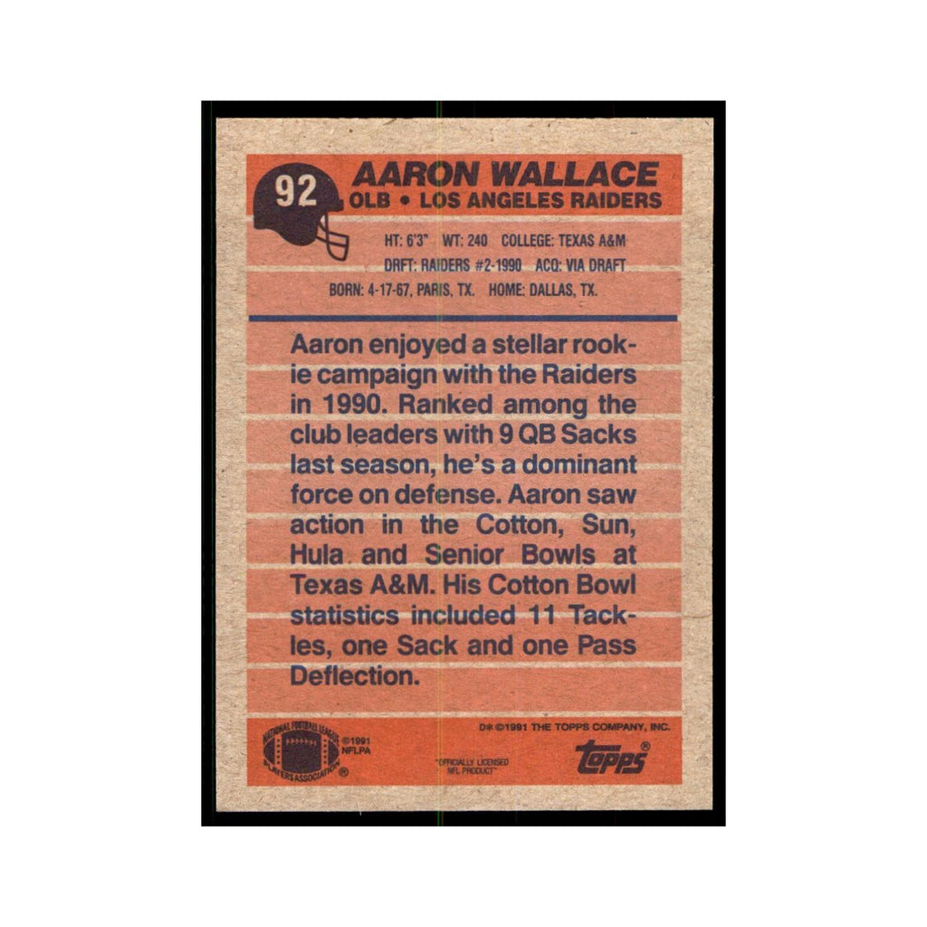 Aaron Wallace 1991 Topps #92 Los Angeles Raiders Football Card NM