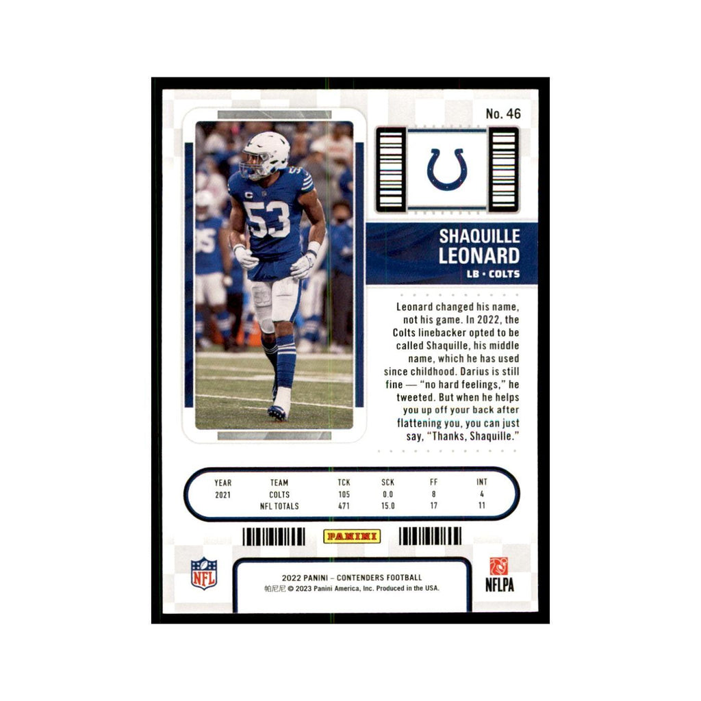 Shaquille Leonard 2022 Panini Contenders #46 Indianapolis Colts Football Card NM