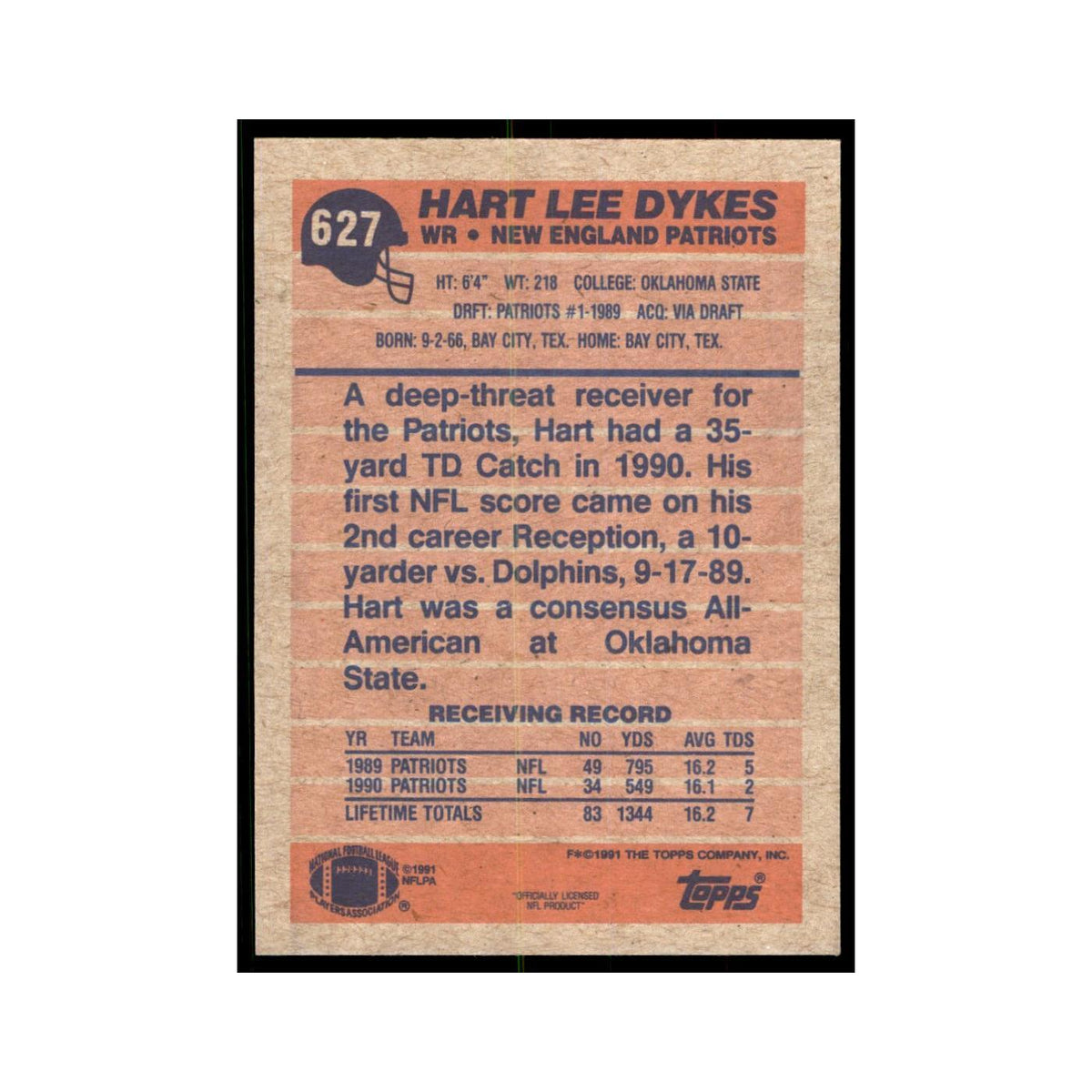 Hart Lee Dykes 1991 Topps #627 New England Patriots Football Card NM