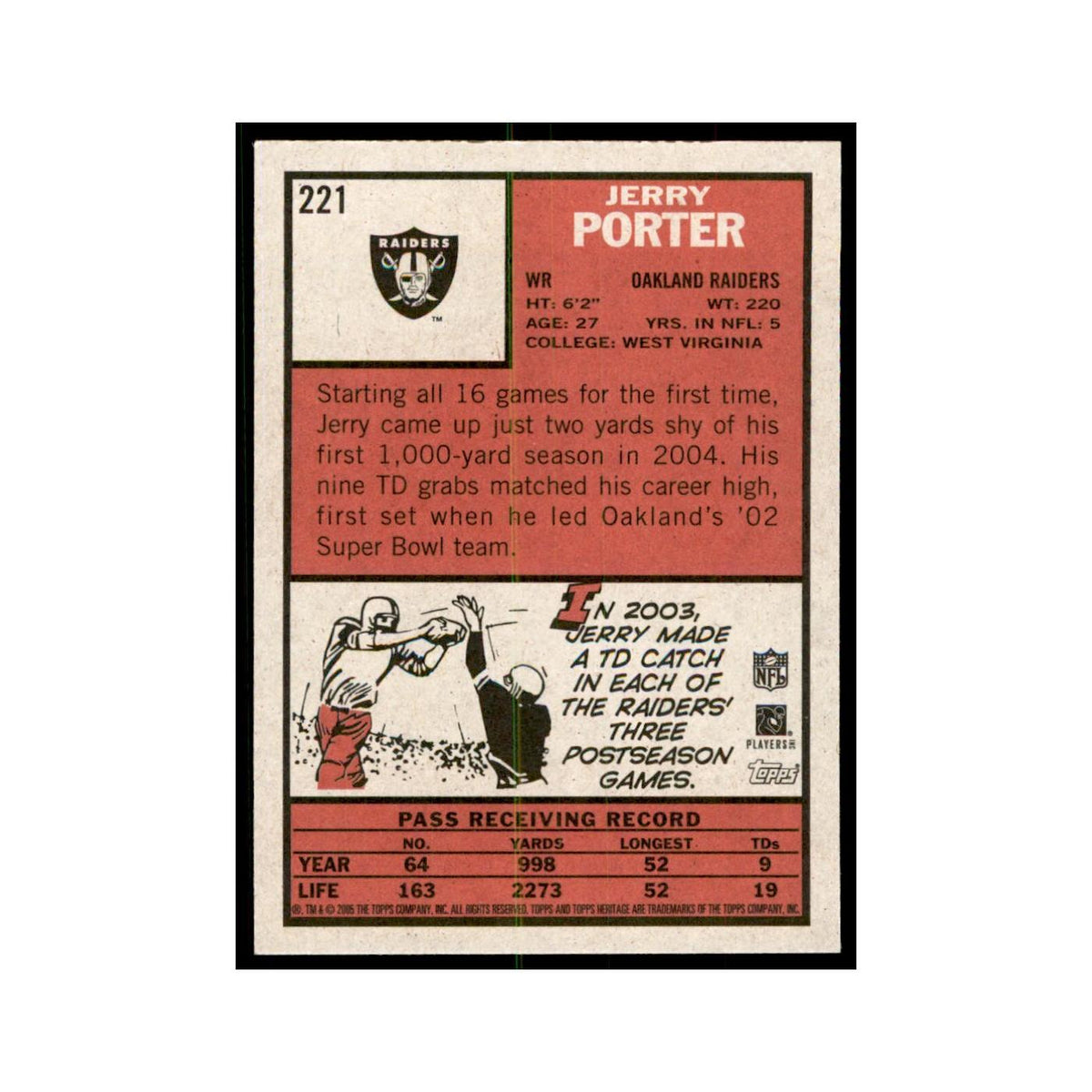Jerry Porter 2005 Topps Heritage #221 Oakland Raiders Football Card NM
