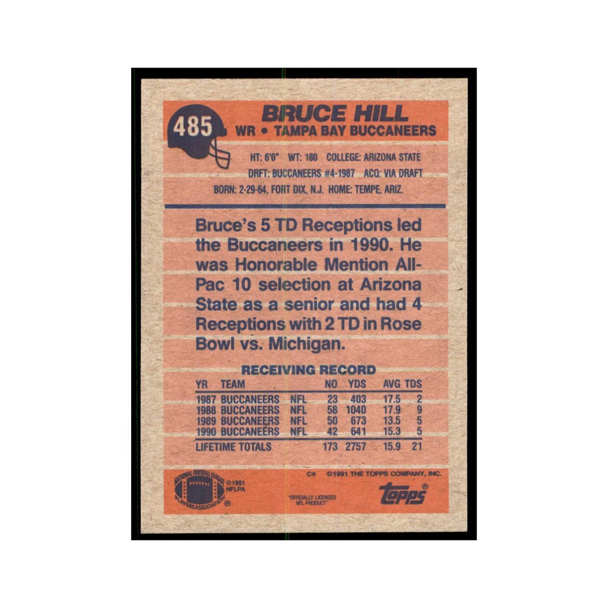 Bruce Hill 1991 Topps #485 Tampa Bay Buccaneers Football Card NM