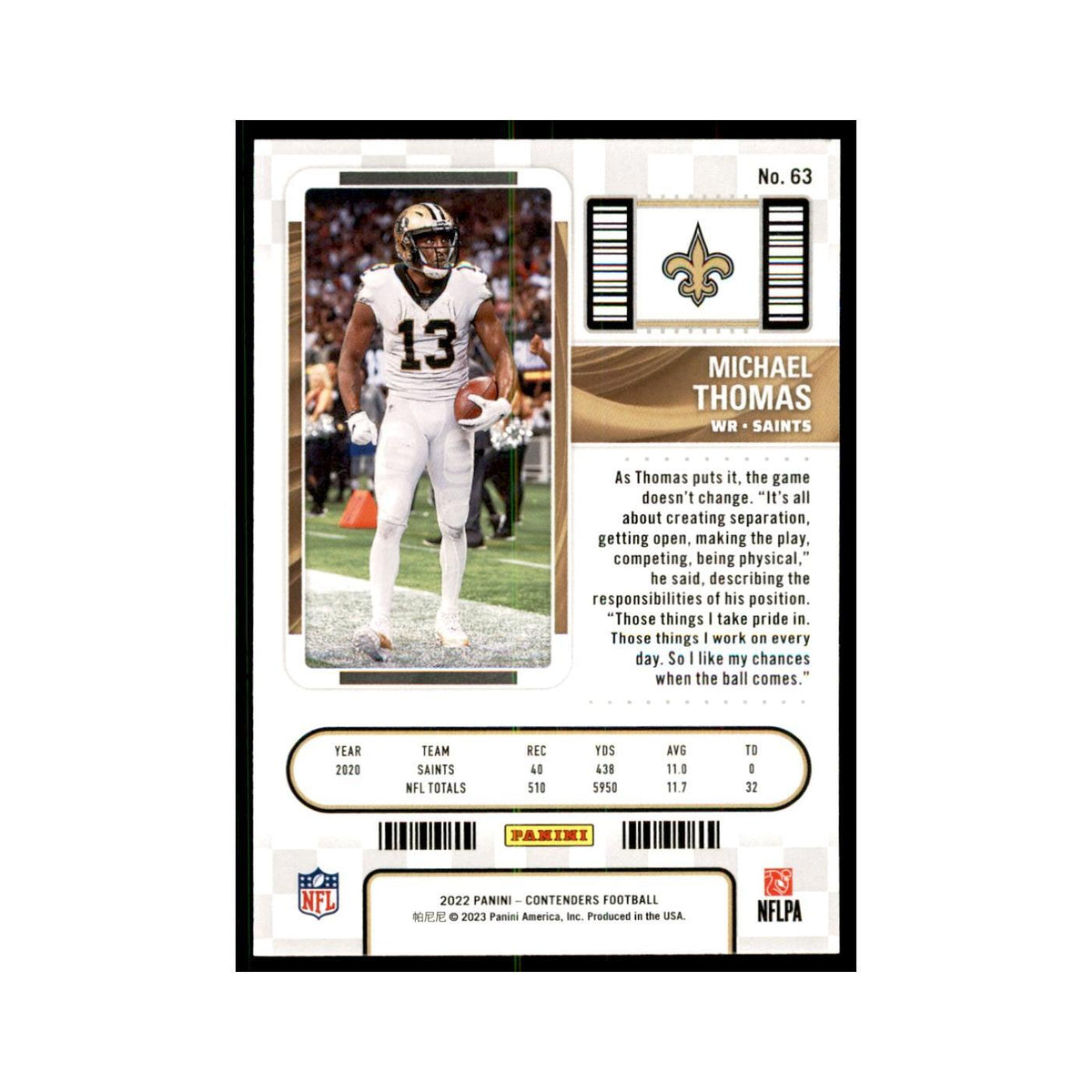 Michael Thomas 2022 Panini Contenders #63 New Orleans Saints Football Card NM