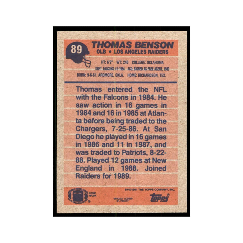 Thomas Benson 1991 Topps #89 Los Angeles Raiders Football Card NM