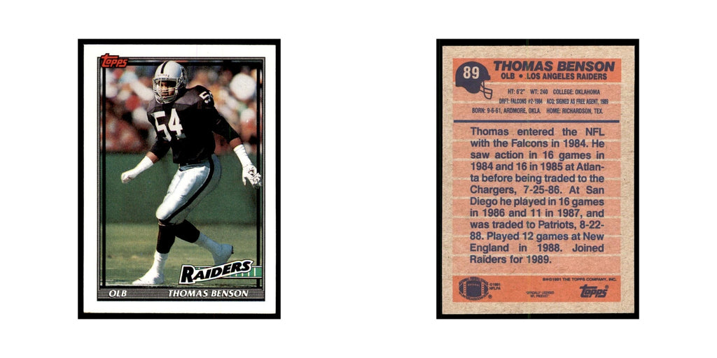 Thomas Benson 1991 Topps #89 Los Angeles Raiders Football Card NM