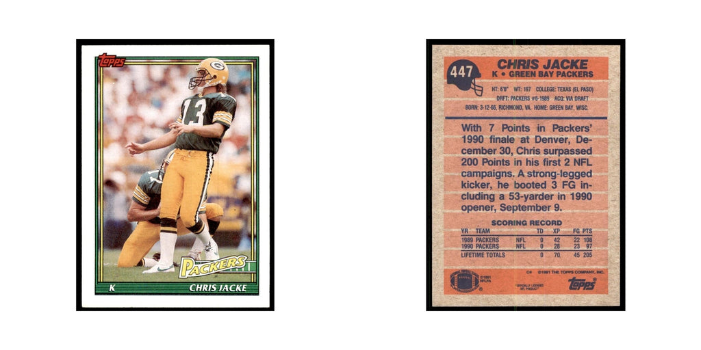 Chris Jacke 1991 Topps #447 Green Bay Packers Football Card NM