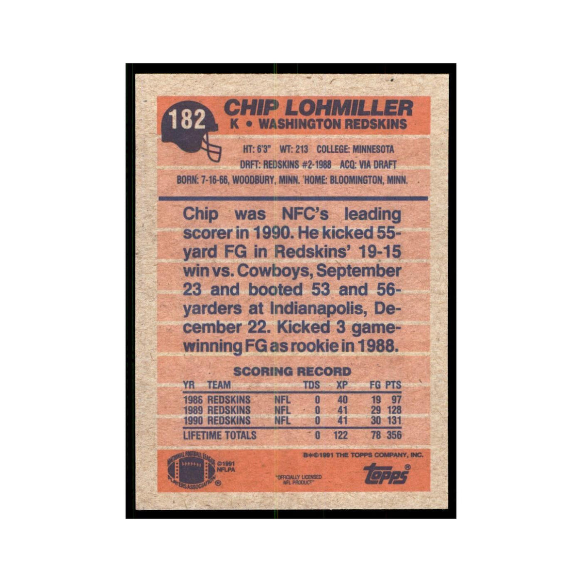 Chip Lohmiller 1991 Topps #182 Washington Redskins Football Card NM