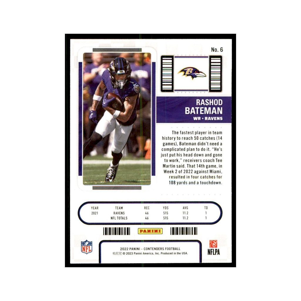 Rashod Bateman 2022 Panini Contenders #6 Baltimore Ravens Football Card NM