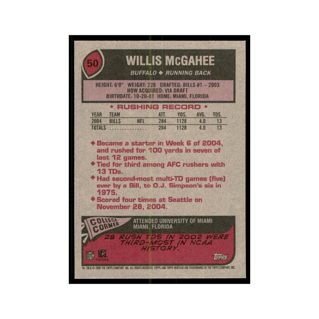 Willis McGahee 2005 Topps Heritage #50 Buffalo Bills Football Card NM