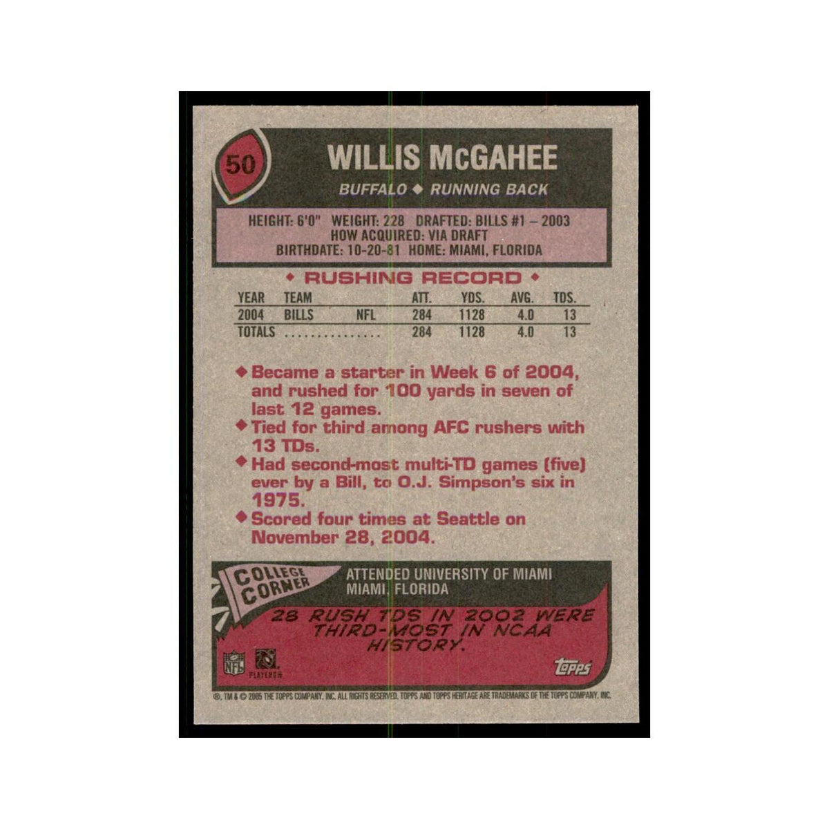 Willis McGahee 2005 Topps Heritage #50 Buffalo Bills Football Card NM