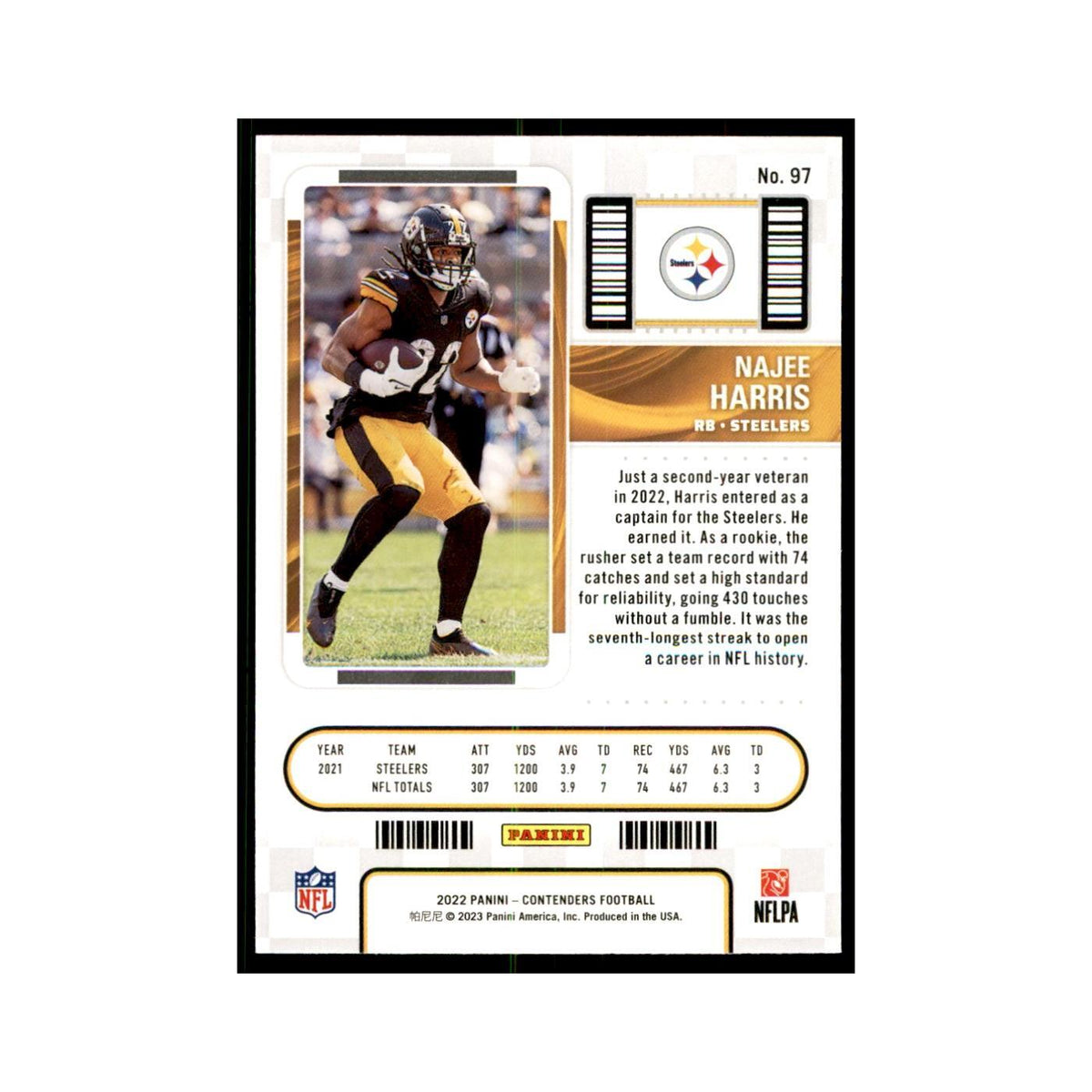 Najee Harris 2022 Panini Contenders #97 Pittsburgh Steelers Football Card NM