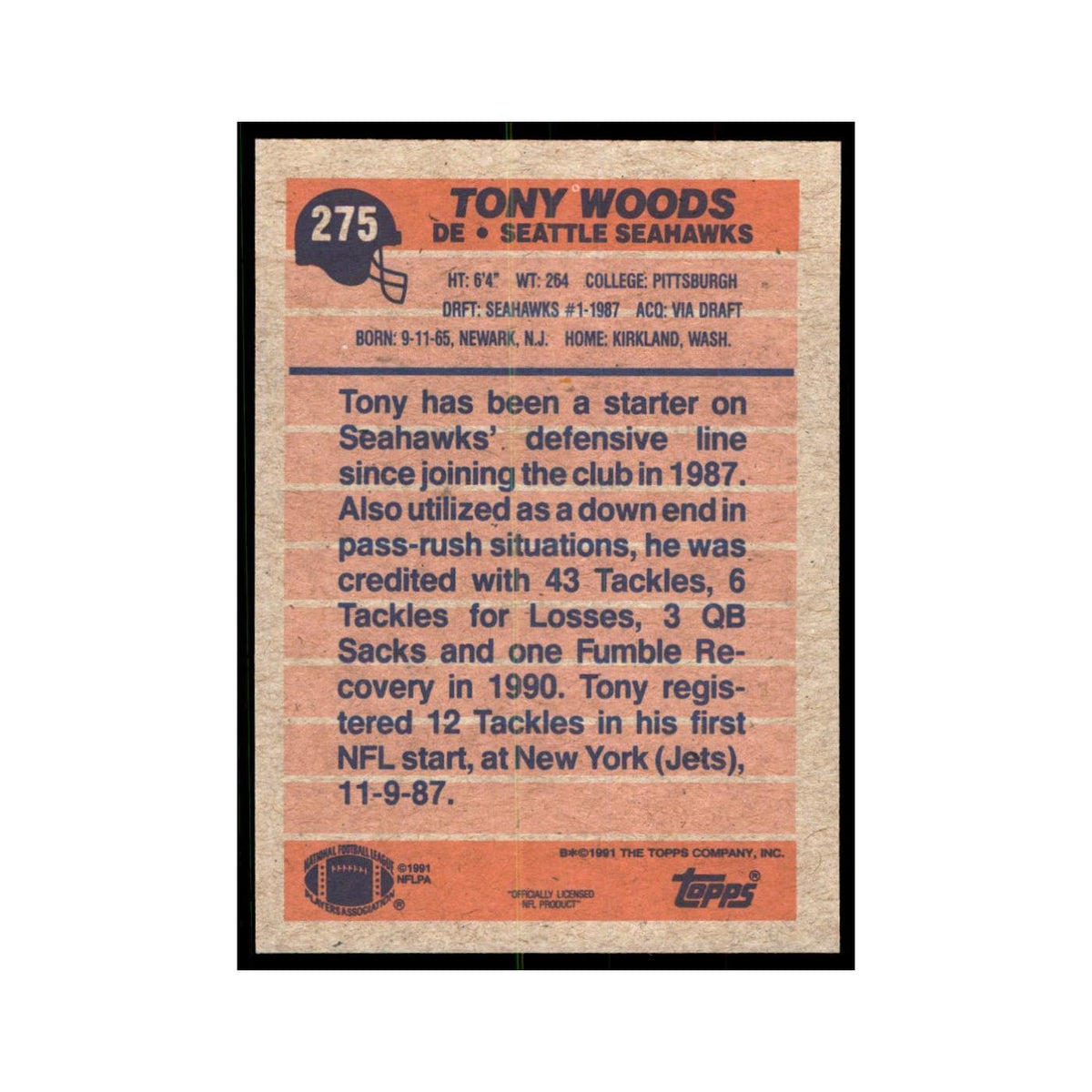 Tony Woods 1991 Topps #275 Seattle Seahawks Football Card NM