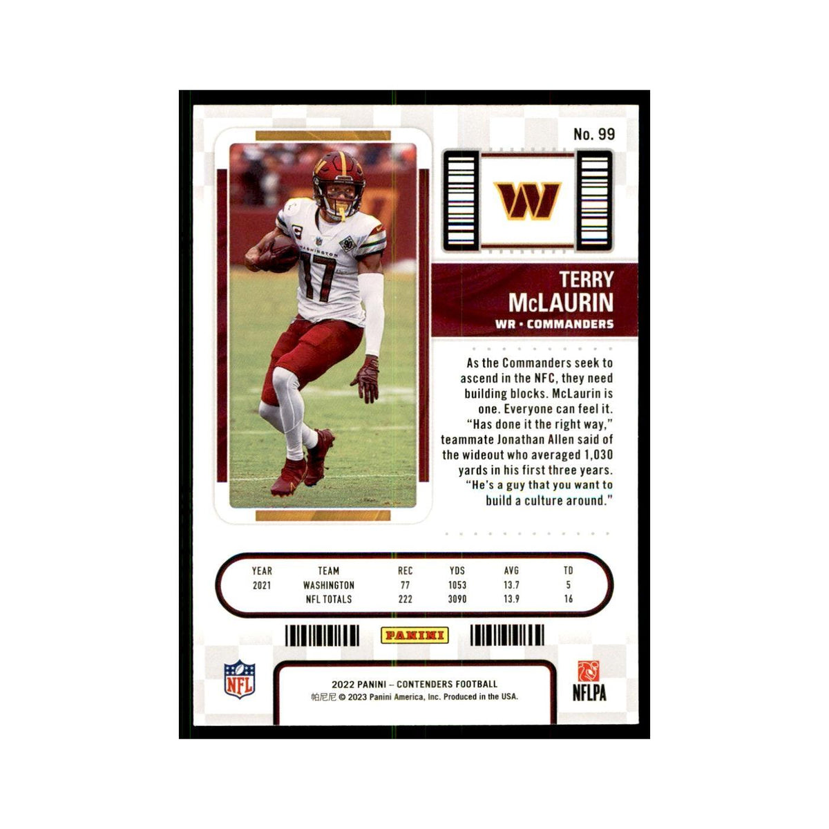 Terry McLaurin 2022 Panini Contenders #99 Washington Commanders Football Card NM