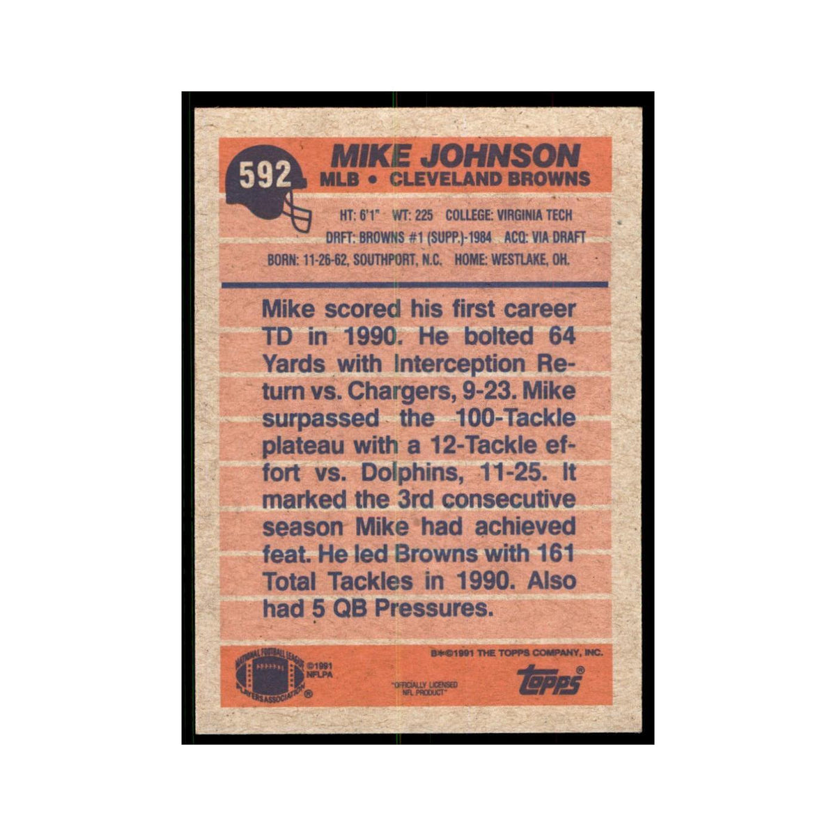 Mike Johnson 1991 Topps #592 Cleveland Browns Football Card NM