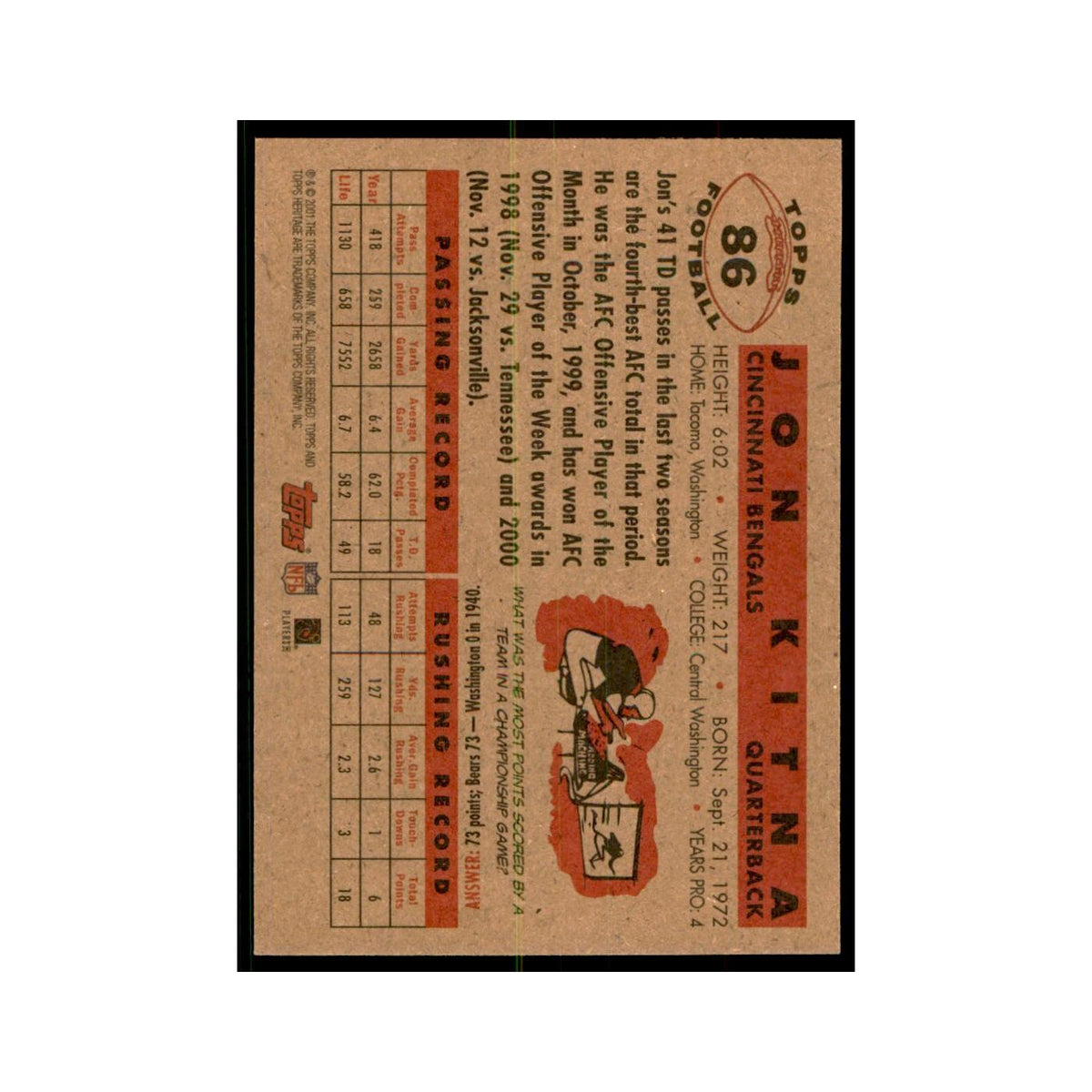 Jon Kitna 2001 Topps Heritage #86 Cincinnati Bengals Football Card NM