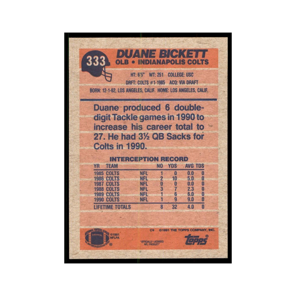 Duane Bickett 1991 Topps #333 Indianapolis Colts Football Card NM