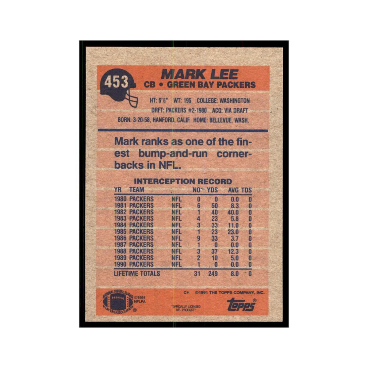 Mark Lee 1991 Topps #453 Green Bay Packers Football Card NM