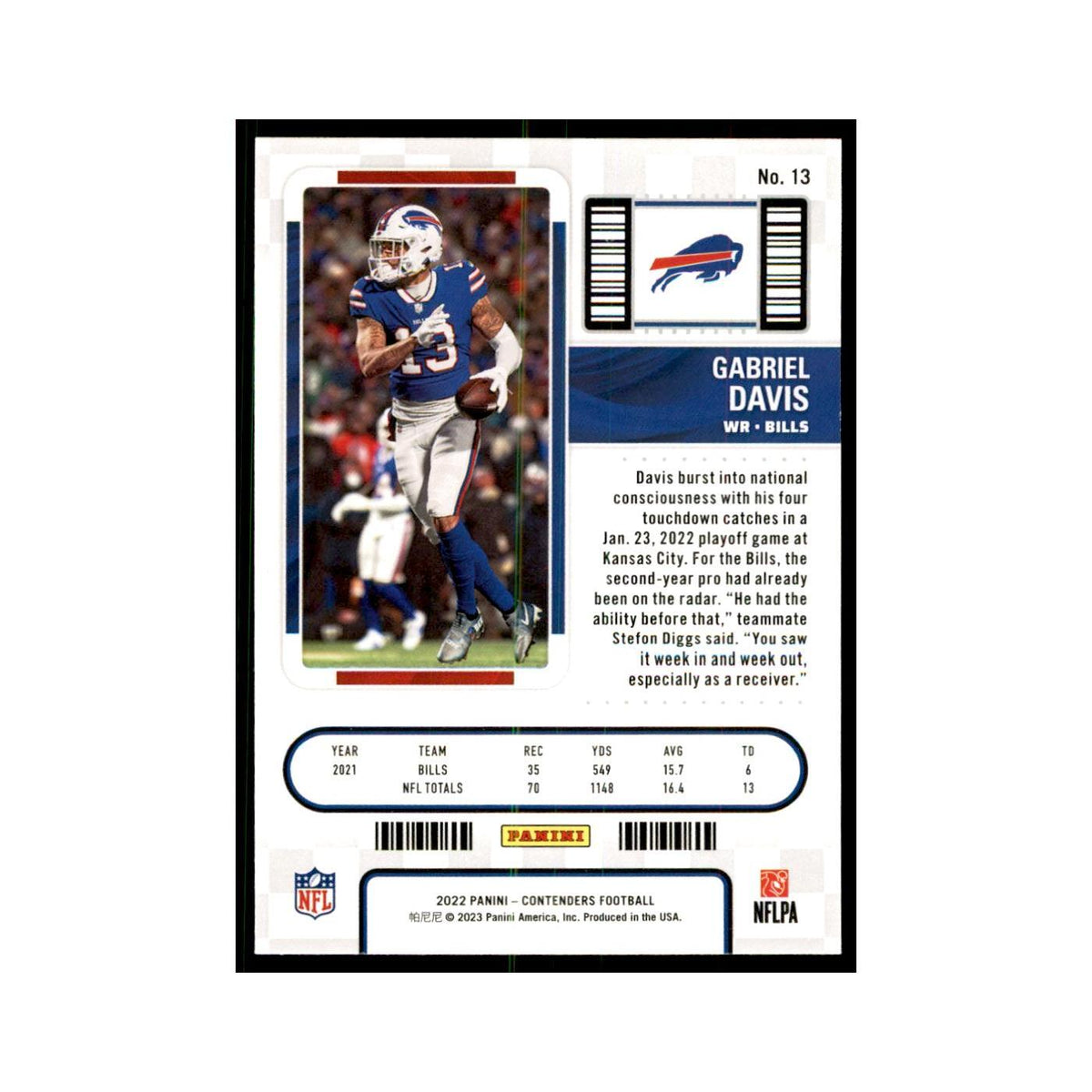 Gabriel Davis 2022 Panini Contenders #13 Buffalo Bills Football Card NM