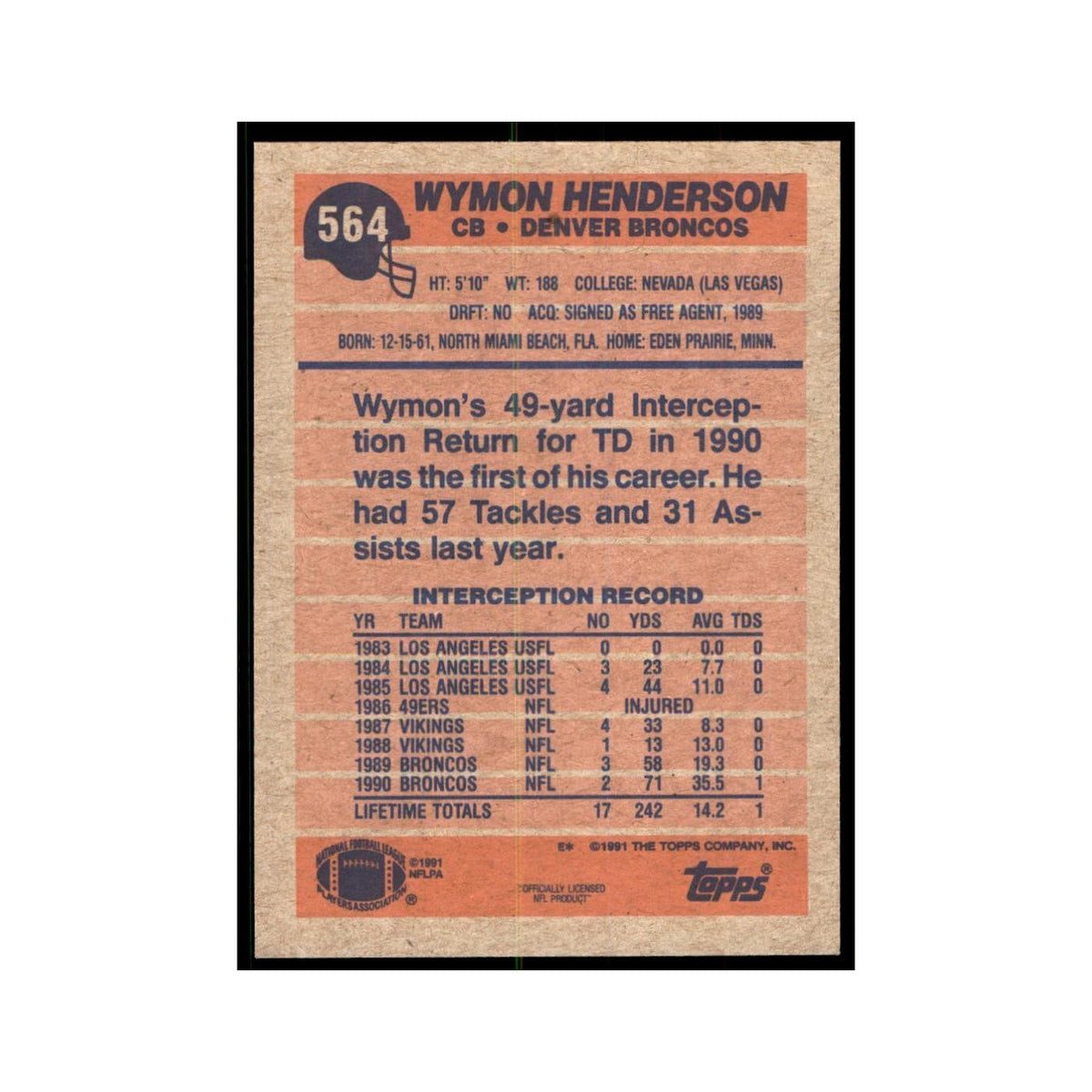 Wymon Henderson 1991 Topps #564 Denver Broncos Football Card NM