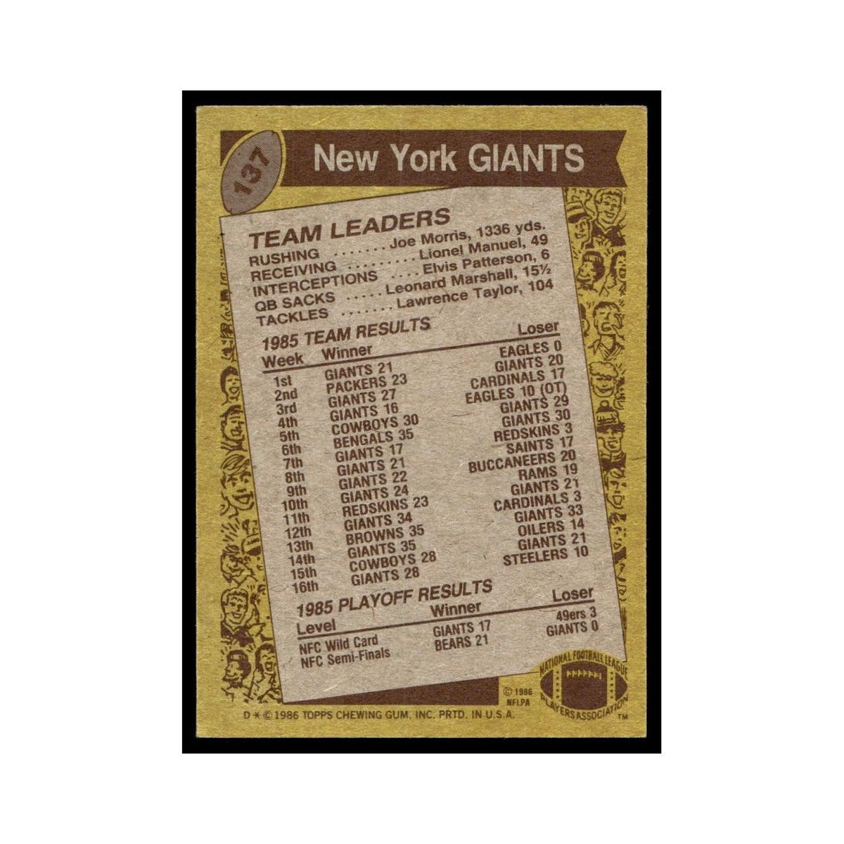 New York Giants 1986 Topps #137.0 Football Card EX