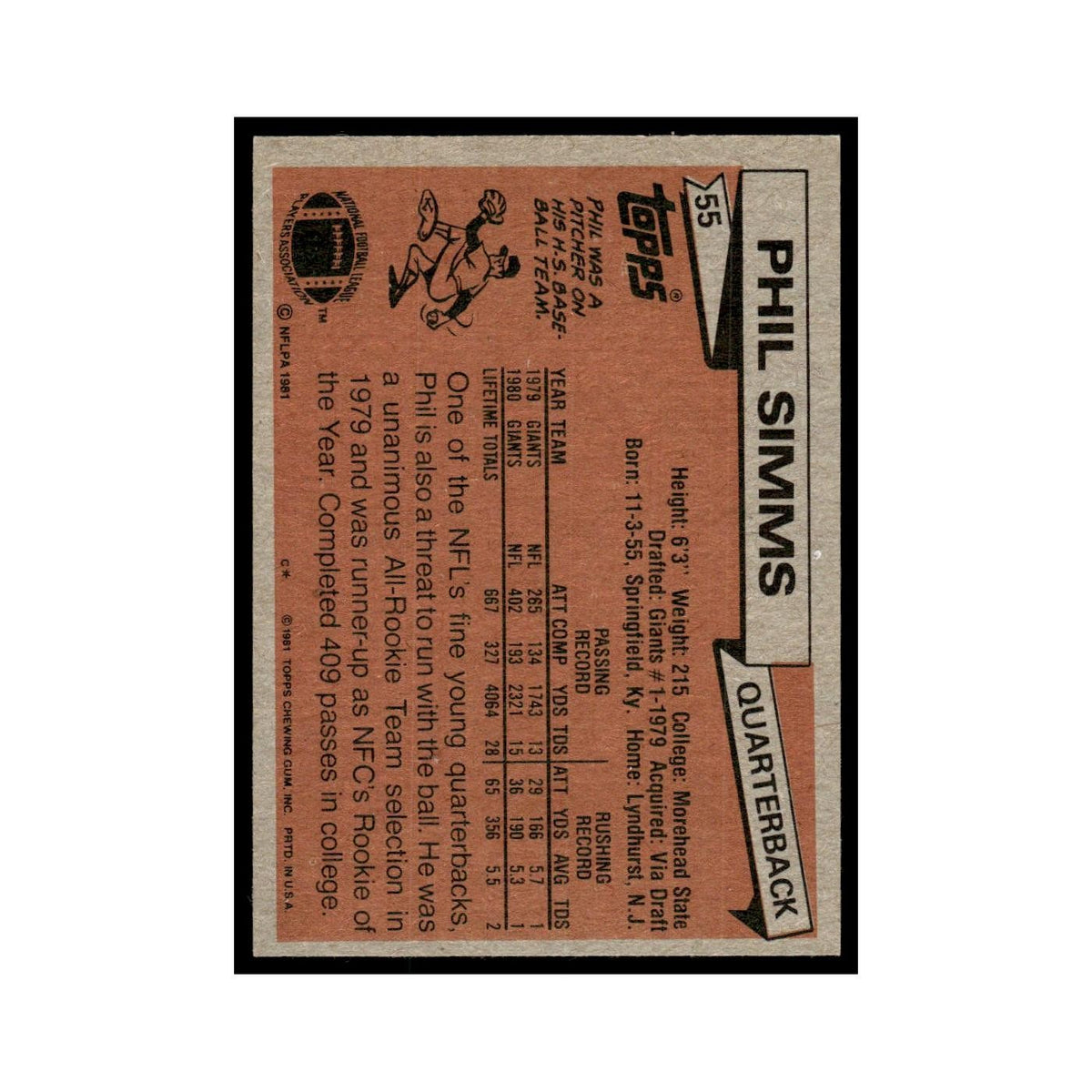 Phil Simms 1981 Topps #55.0 New York Giants Football Card EX