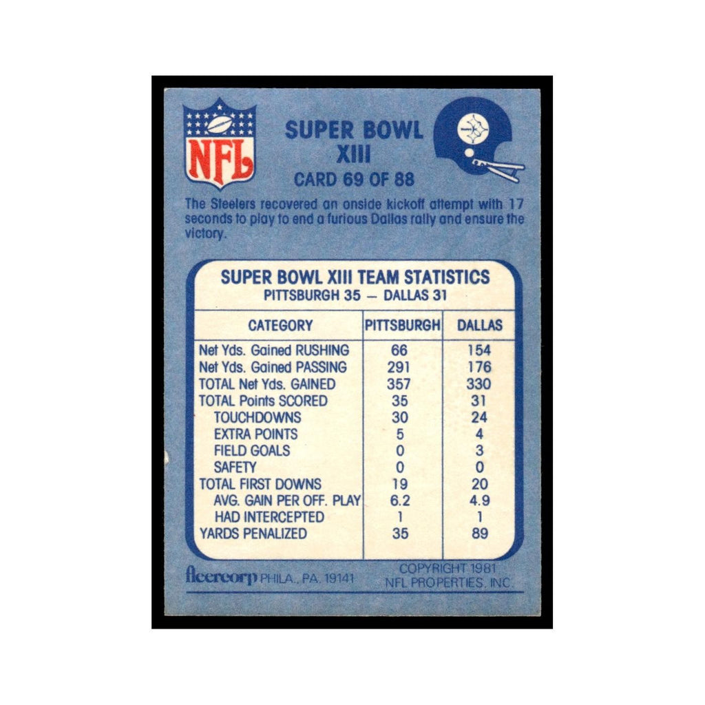 Super Bowl XIII 1981 Fleer Team Action #69.0 EX