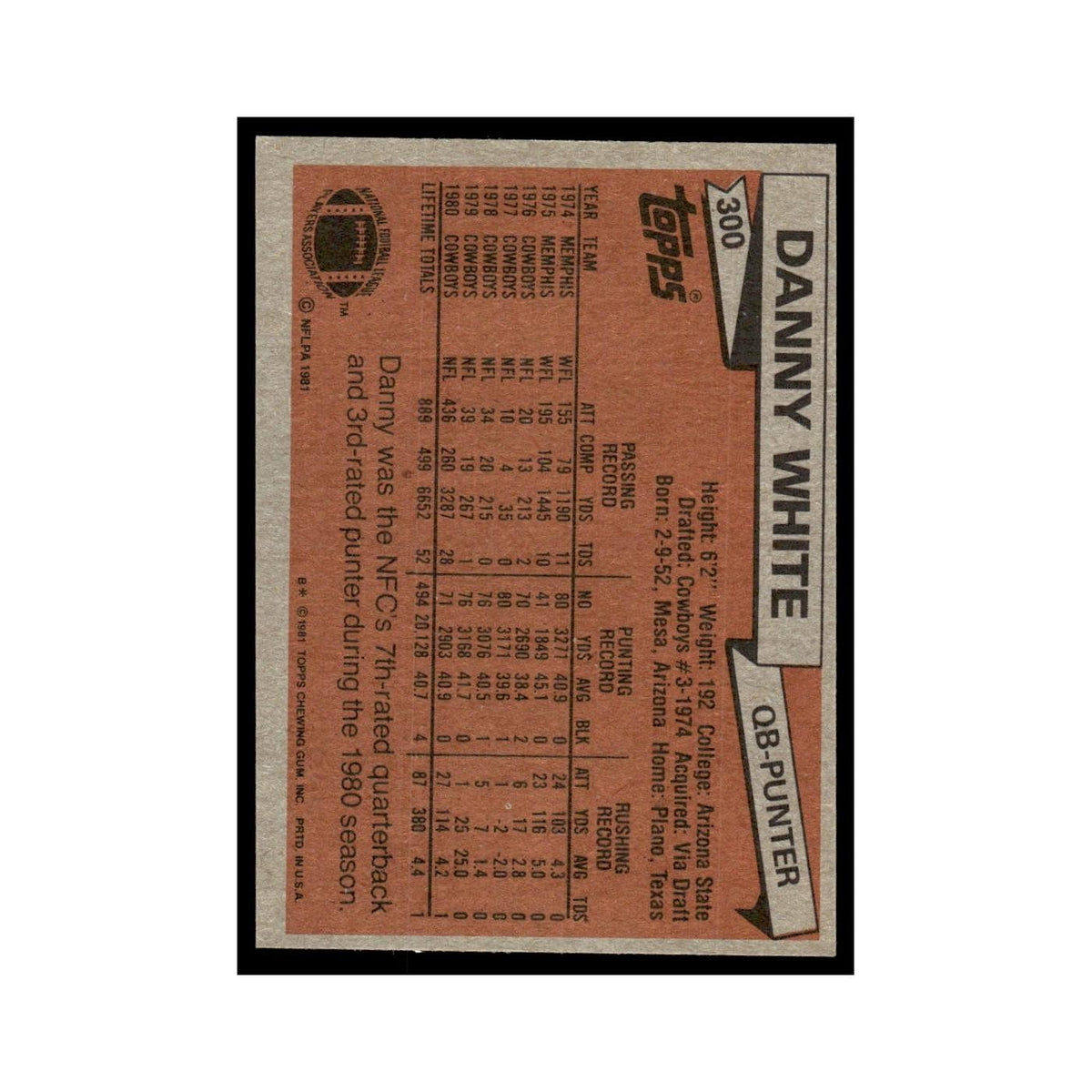 Danny White 1981 Topps #300.0 Dallas Cowboys Football Card EX