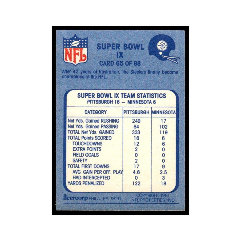 Super Bowl IX 1981 Fleer Team Action #65.0 EX