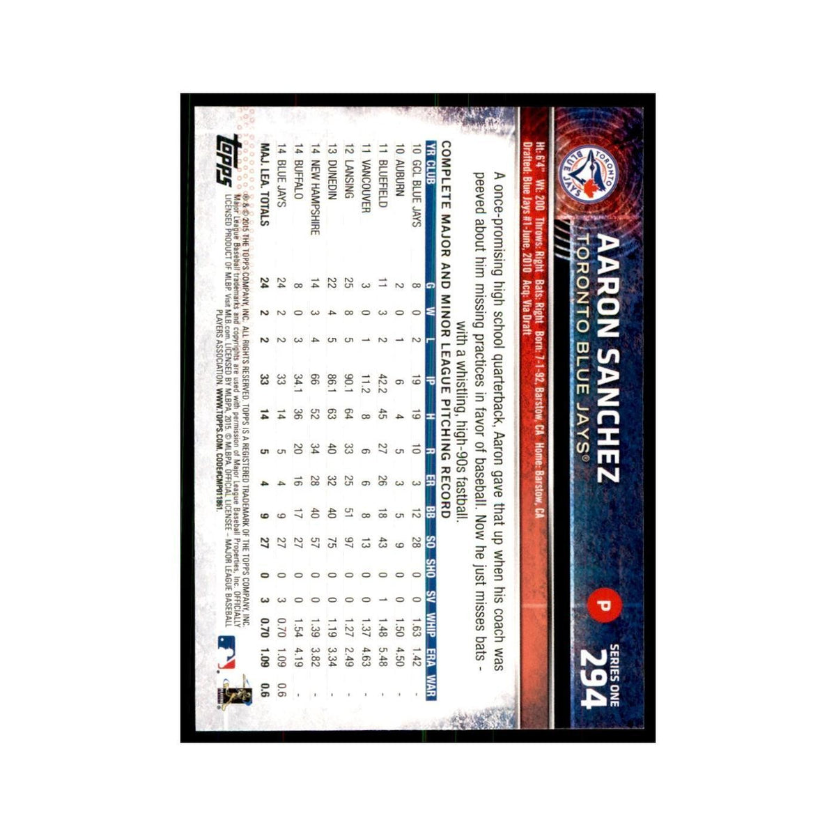 Aaron Sanchez 2015 Topps #294 Baseball Cards Baseball Card NM