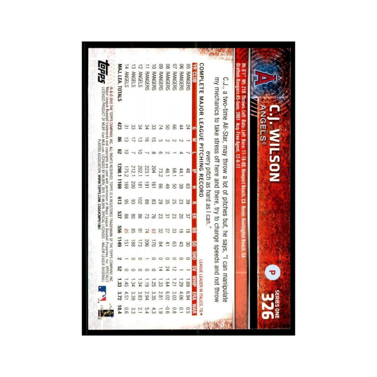 C.J. Wilson 2015 Topps #326 Baseball Cards Baseball Card NM
