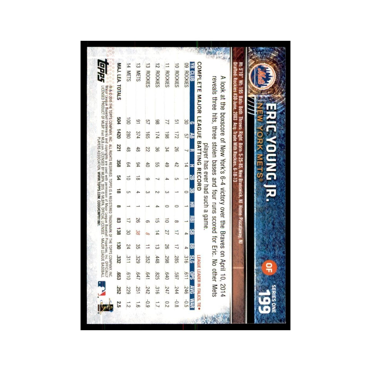 Eric Young Jr. 2015 Topps #199 Baseball Cards Baseball Card NM