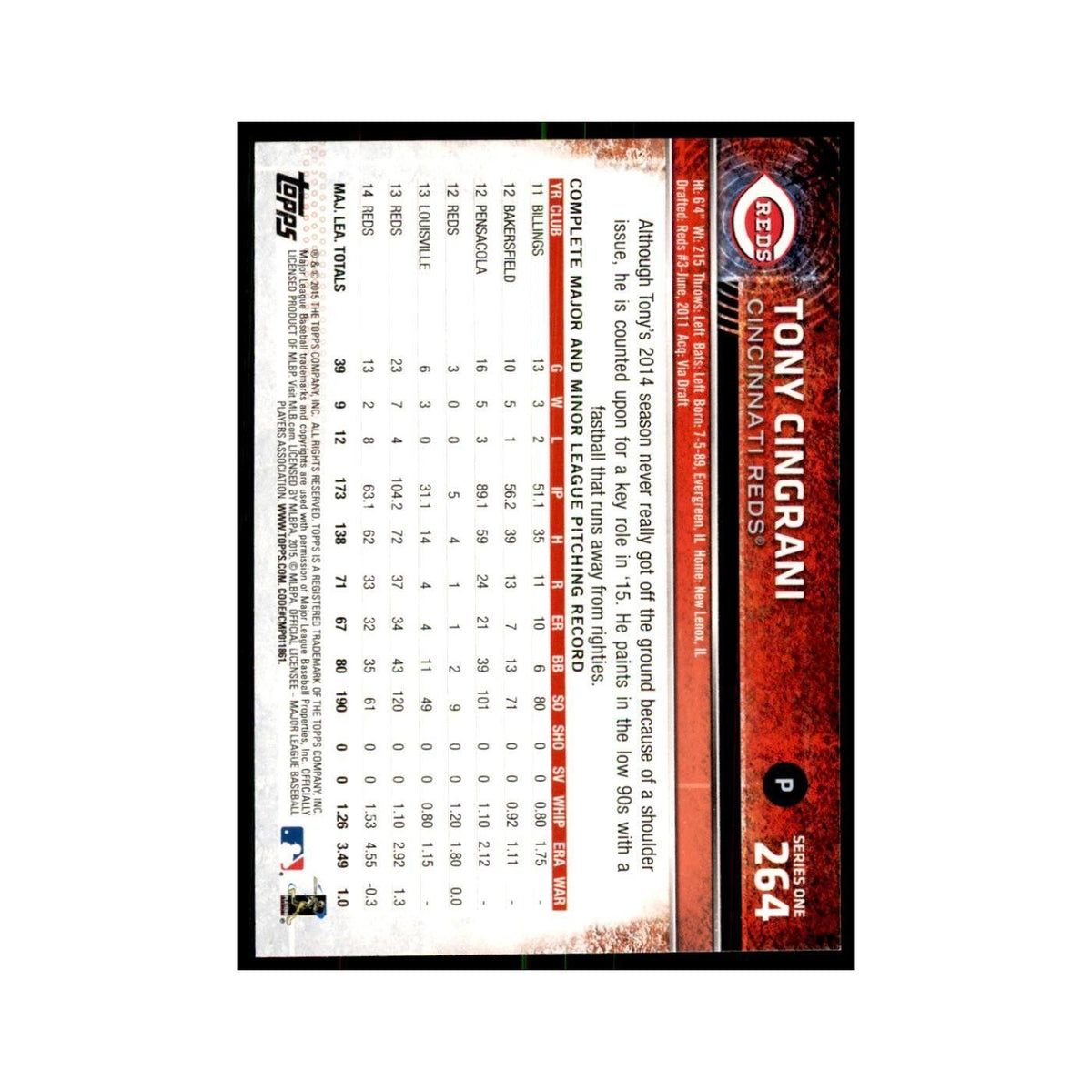 Tony Cingrani 2015 Topps #264 Baseball Cards Baseball Card NM