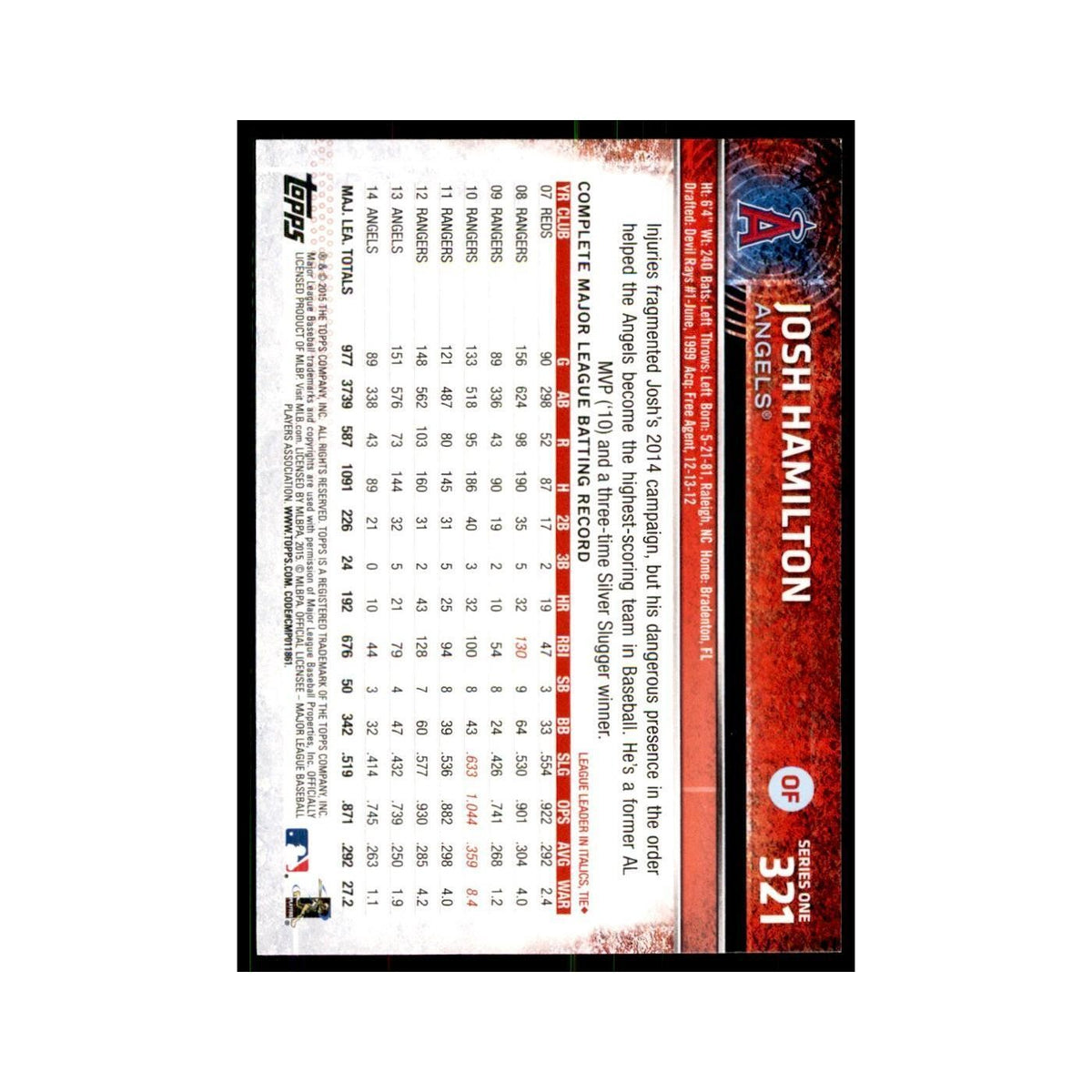 Josh Hamilton 2015 Topps #321 Baseball Cards Baseball Card NM