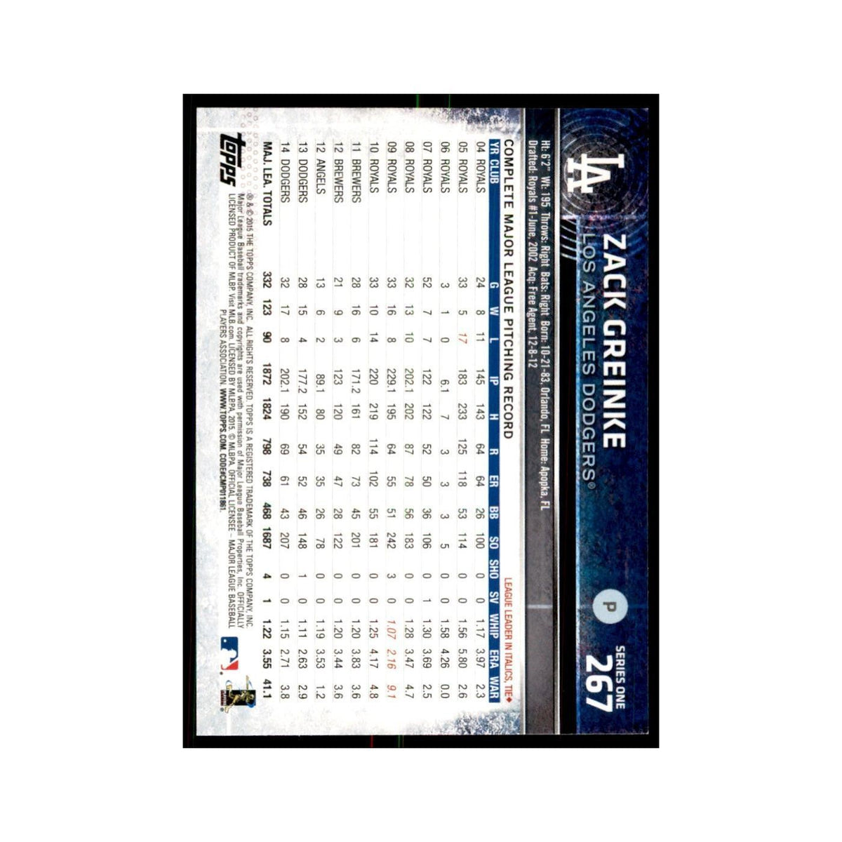 Zack Greinke 2015 Topps #267 Baseball Cards Baseball Card NM