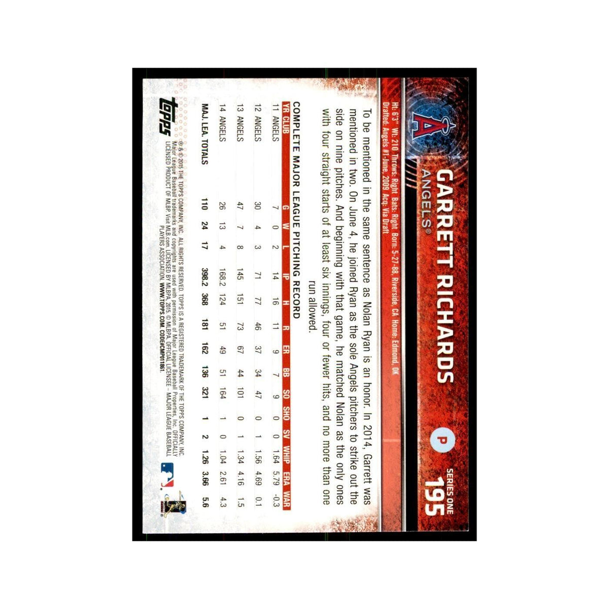 Garrett Richards 2015 Topps #195 Baseball Cards Baseball Card NM