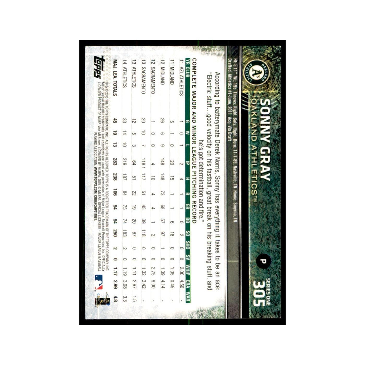 Sonny Gray 2015 Topps #305 Baseball Cards Baseball Card NM