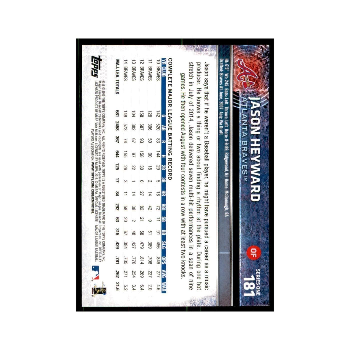 Jason Heyward 2015 Topps #181 Baseball Cards Baseball Card NM