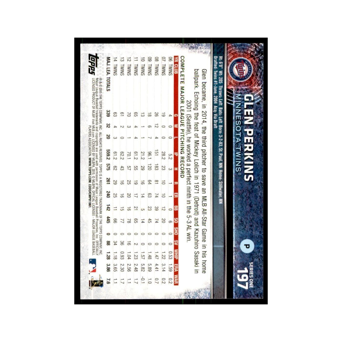 Glen Perkins 2015 Topps #197 Baseball Cards Baseball Card NM