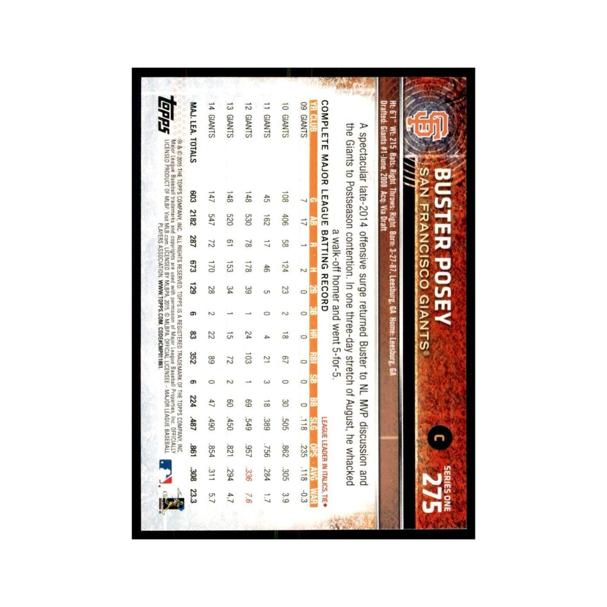 Buster Posey 2015 Topps #275 Baseball Cards Baseball Card NM
