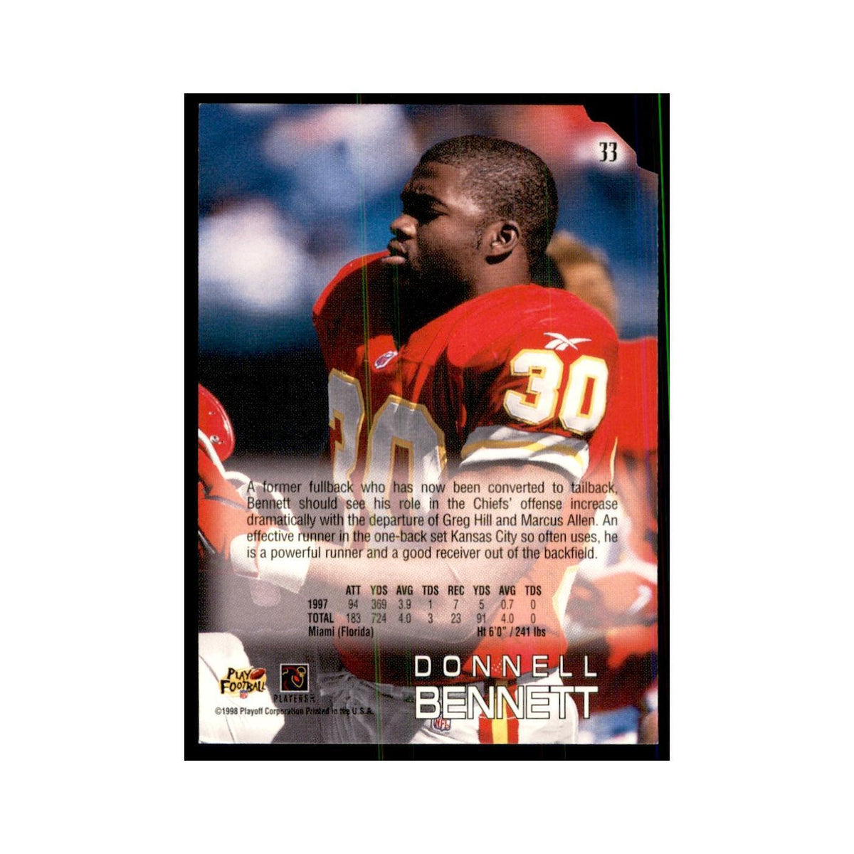 Donnell Bennett 1998 Absolute #33 Football Cards Football Card NM