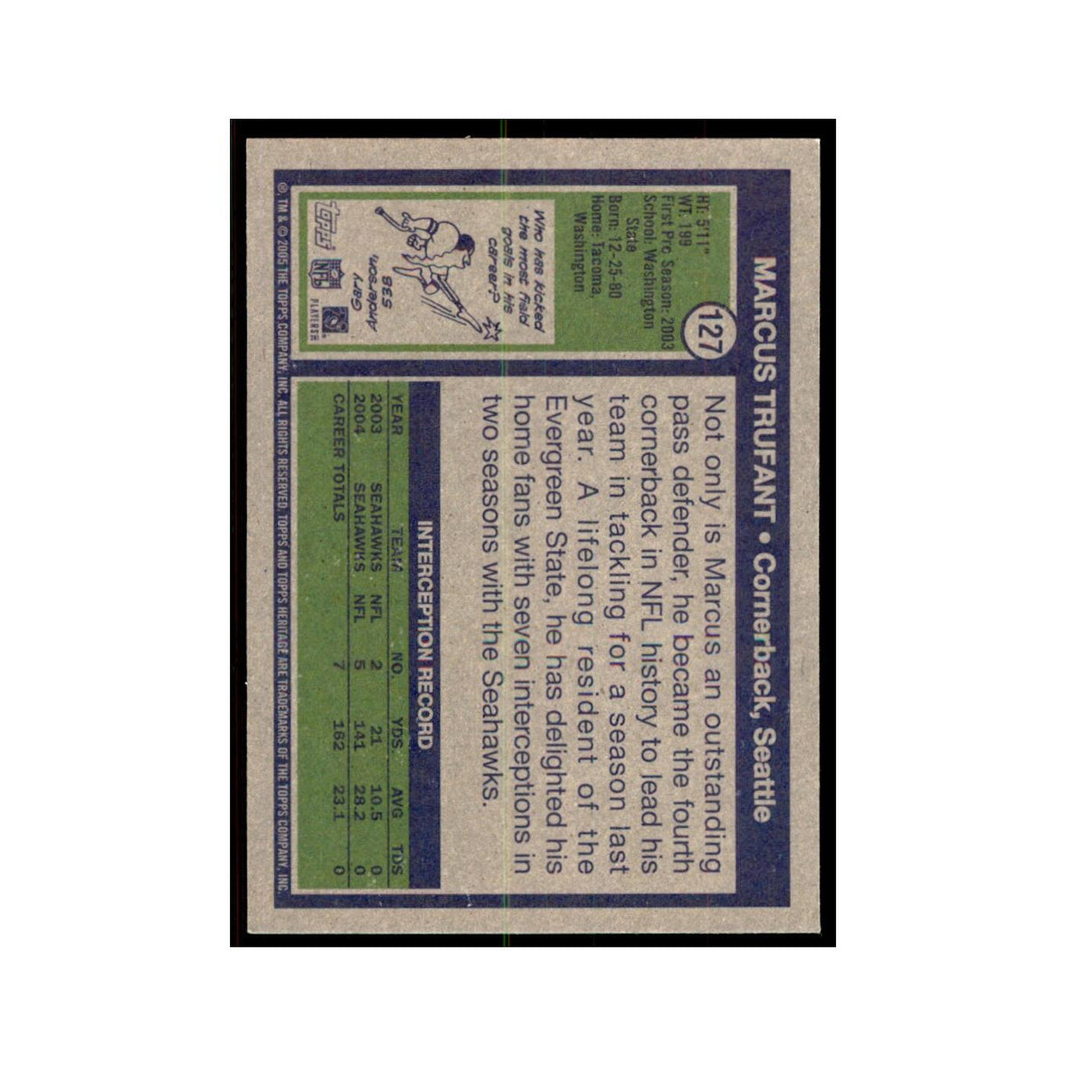 Marcus Trufant 2005 Topps Heritage #127 Seattle Seahawks Football Card NM