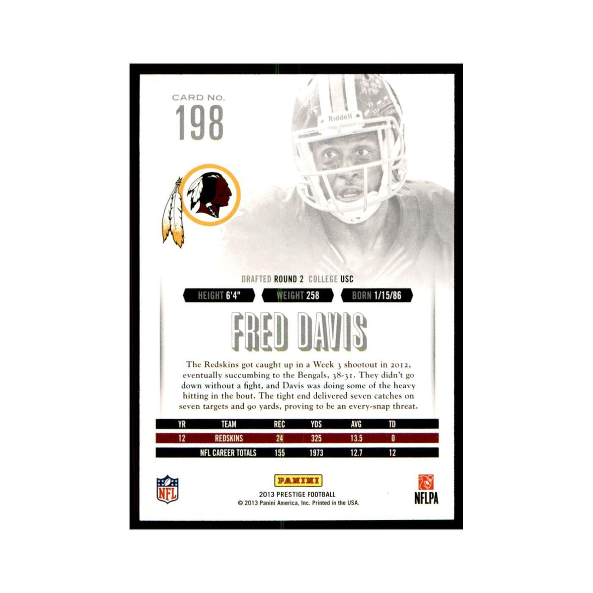 Fred Davis 2013 Panini Prestige #198 Washington Redskins Football Card NM