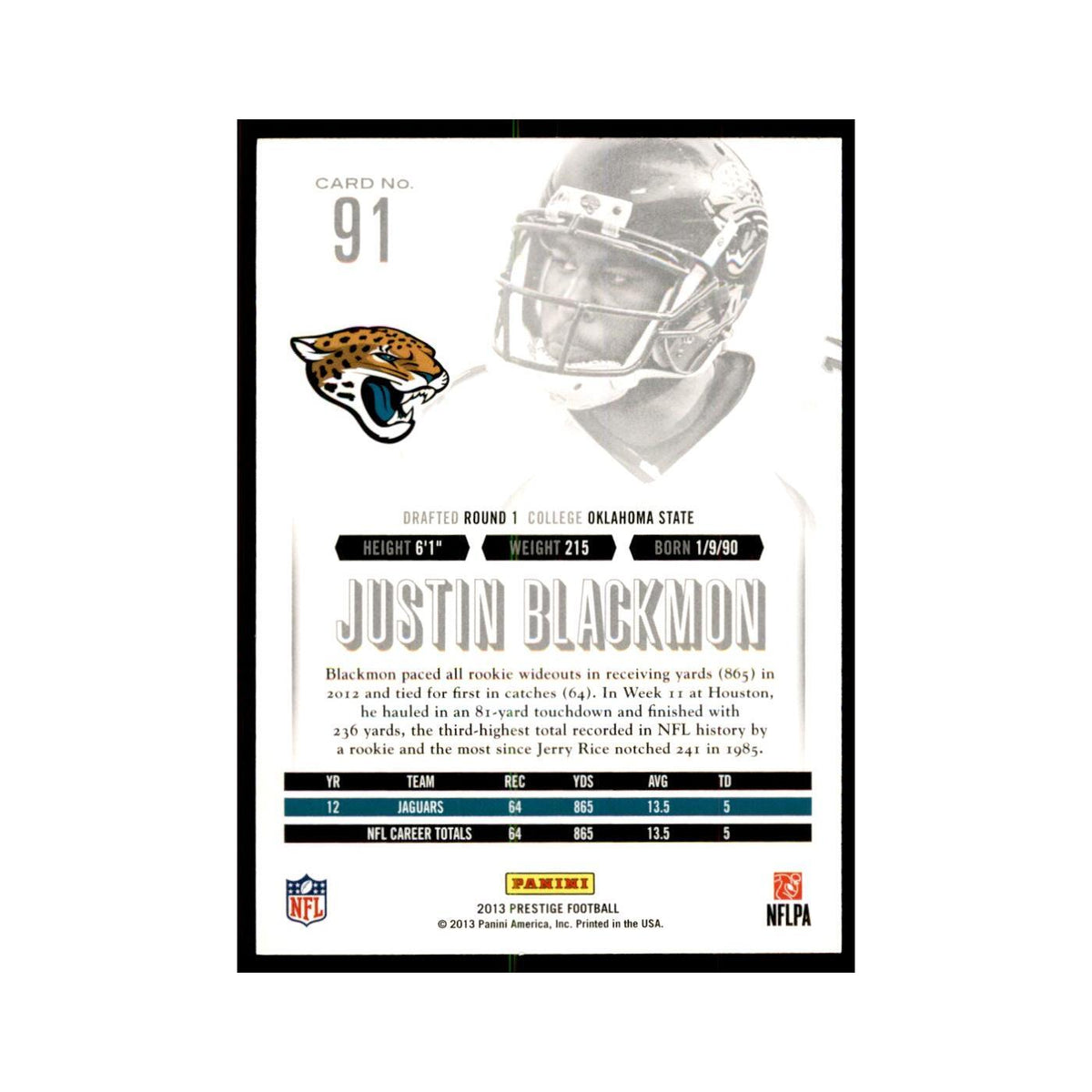 Justin Blackmon 2013 Panini Prestige #91 Jacksonville Jaguars Football Card NM