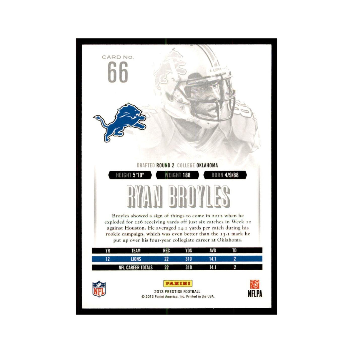 Ryan Broyles 2013 Panini Prestige #66 Detroit Lions Football Card NM