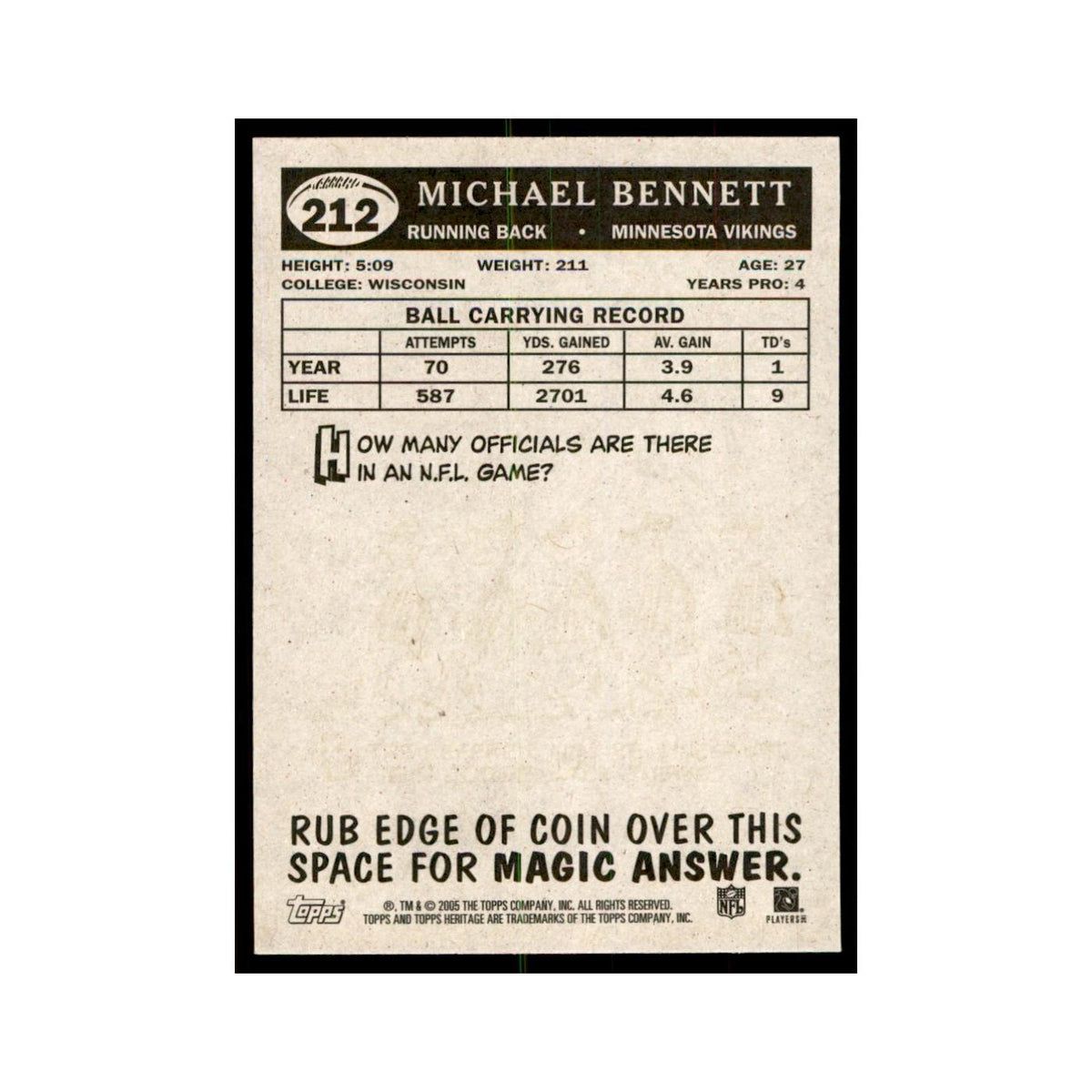 Michael Bennett 2005 Topps Heritage #212 Minnesota Vikings Football Card NM