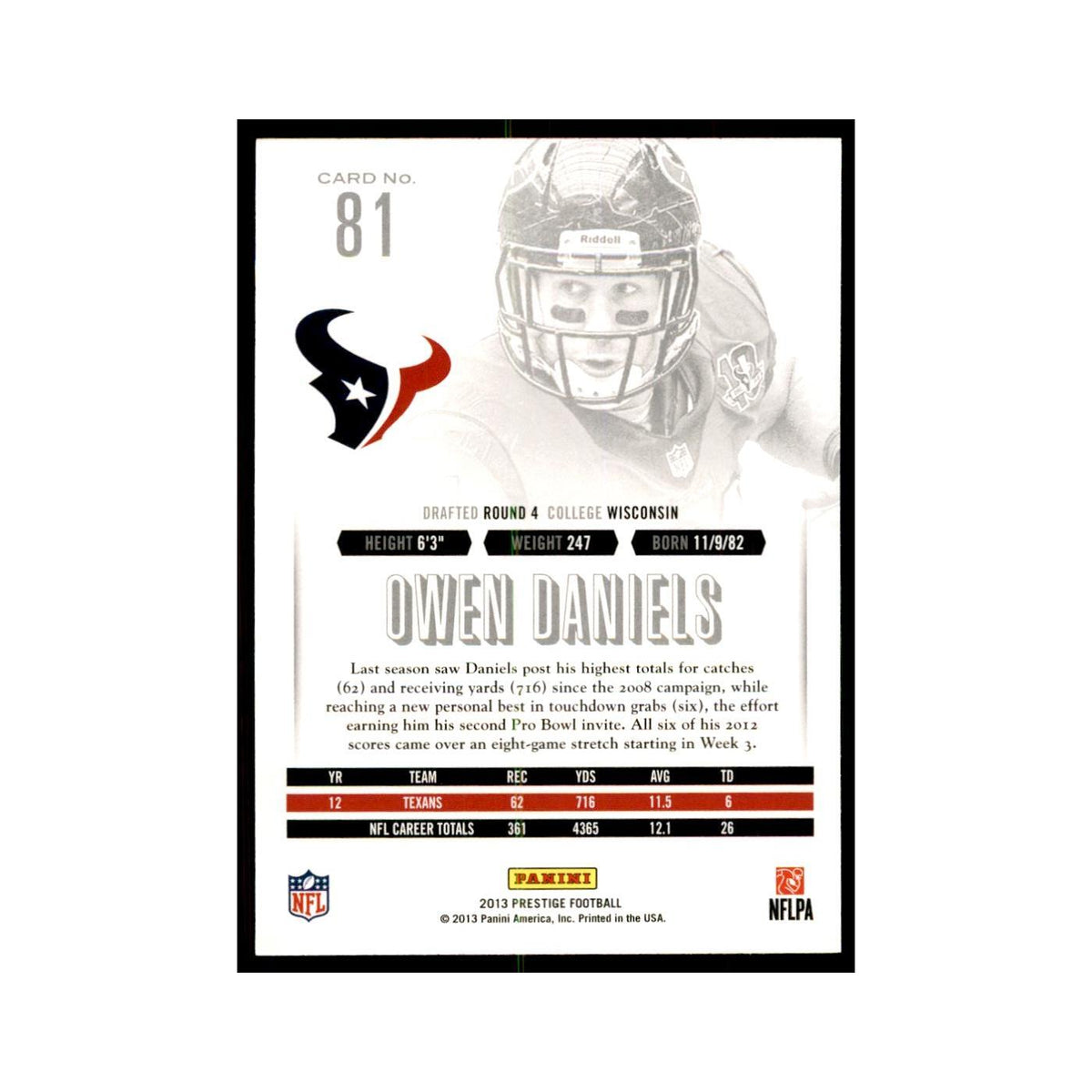 Owen Daniels 2013 Panini Prestige #81 Houston Texans Football Card NM