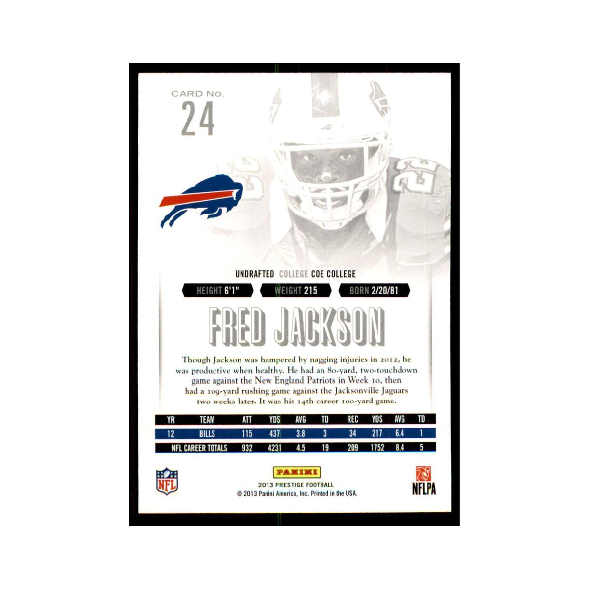 Fred Jackson 2013 Panini Prestige #24 Buffalo Bills Football Card NM