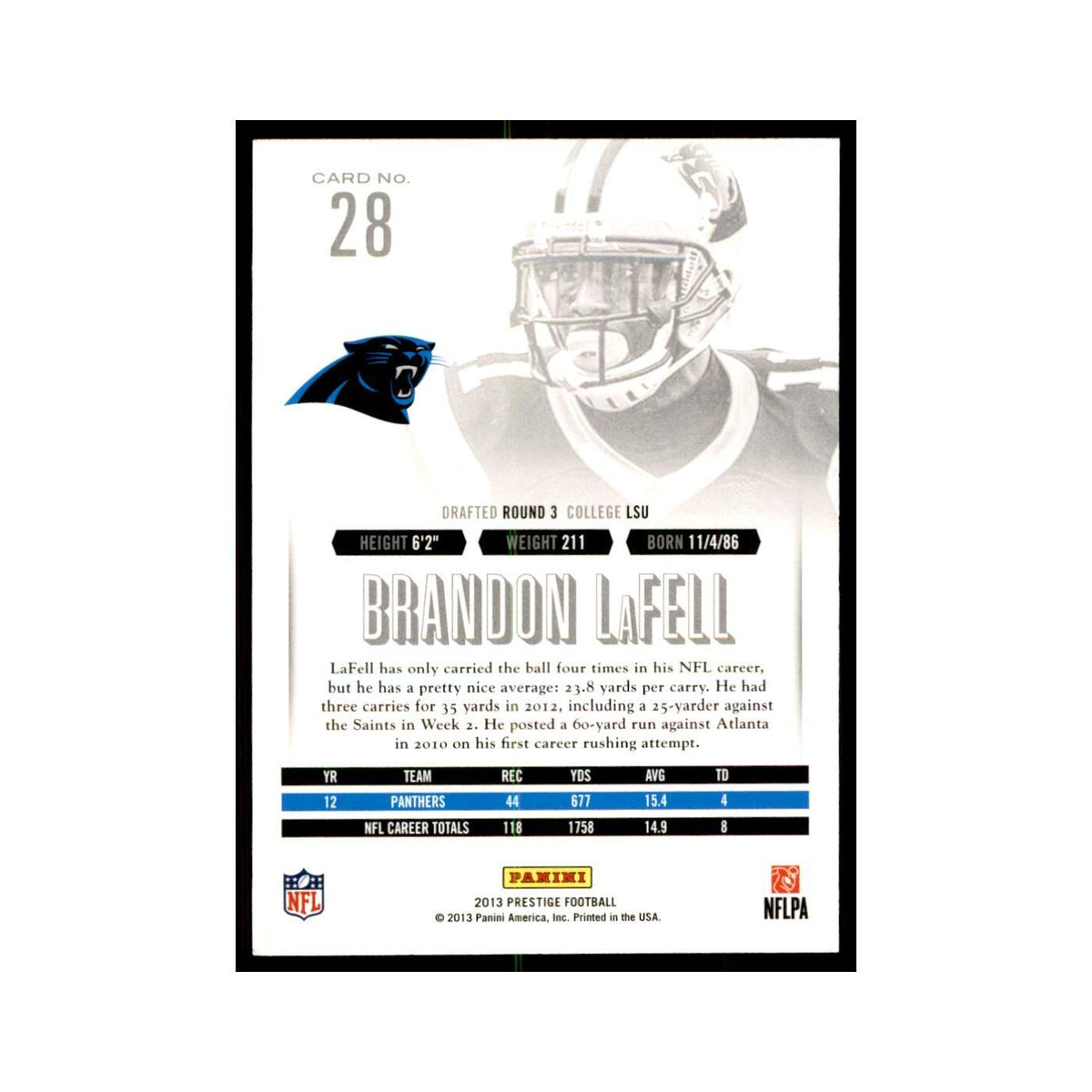 Brandon LaFell 2013 Panini Prestige #28 Carolina Panthers Football Card NM